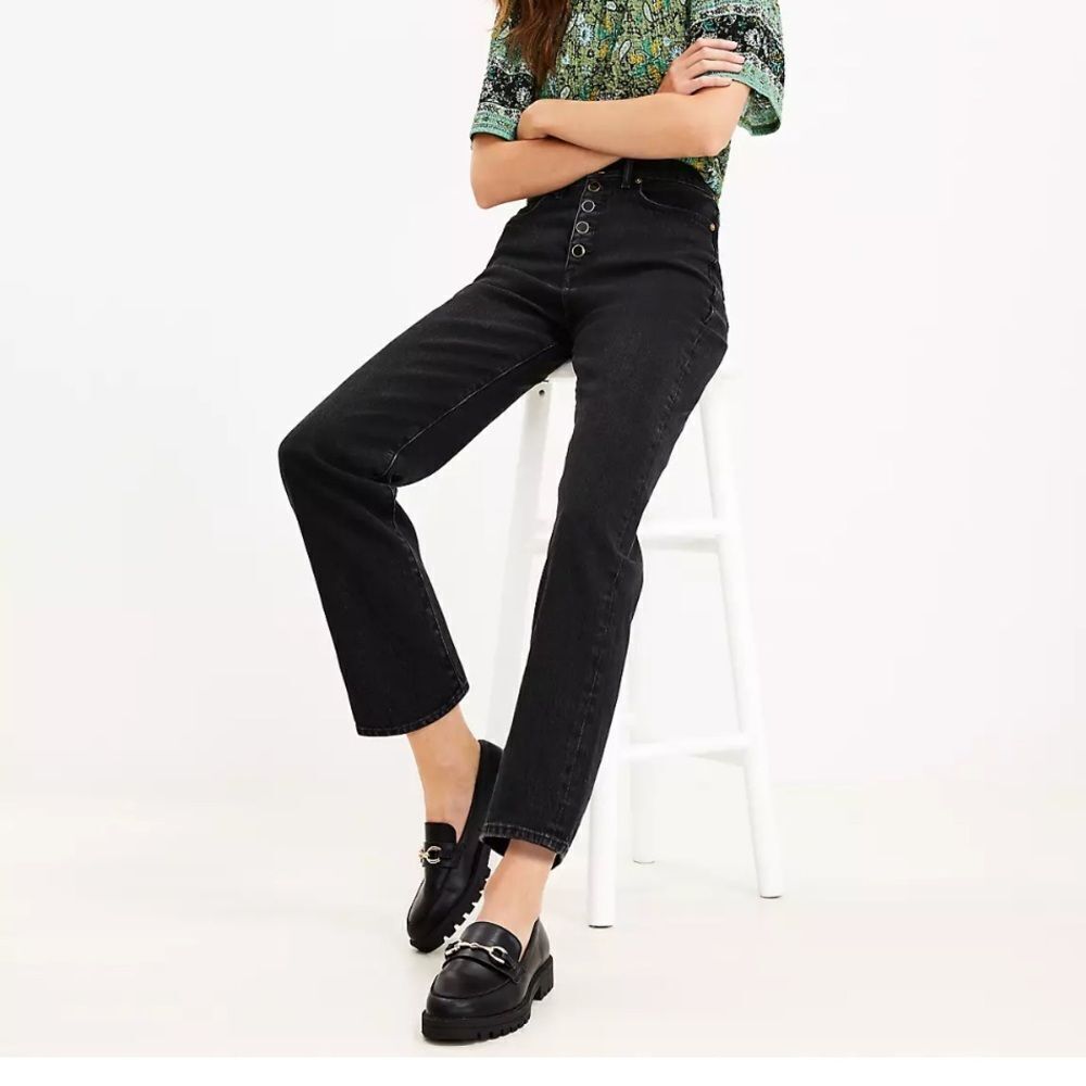 Loft Button Front 90s Straight Jeans in Black Size 28/6